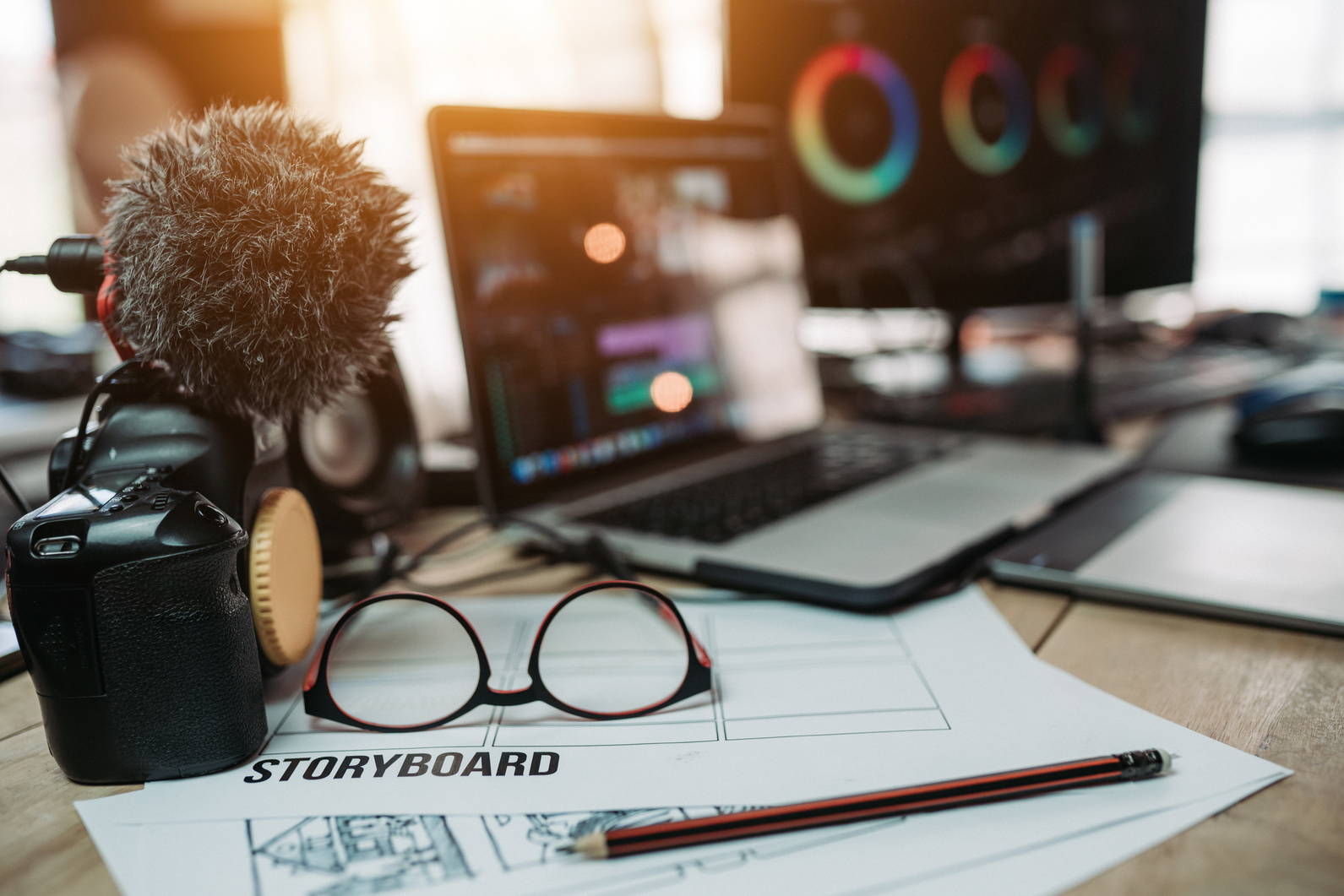 a laptop, a camera and a microphone sit on a wooden desk